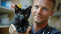 Young veterinarian in blue medical uniform holding adorable black kitten with bright green eyes during routine checkup at modern veterinary clinic.