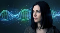 Young Caucasian woman scientist gazing at glowing DNA double helix structure with digital data streams in futuristic biotechnology laboratory setting.