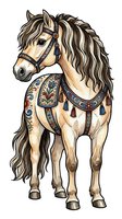 Elegant horse with flowing mane and tail wearing ornate decorative saddle and bridle, isolated on white background. Suitable for equestrian designs, clipart, apparel.