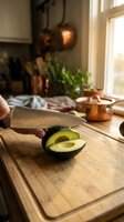 Fresh avocado half on wooden cutting board with knife in rustic kitchen setting. Healthy cooking and meal preparation concept for organic food recipes.