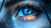 Cosmic eye with glowing galaxy iris and sparkling stardust, featuring ethereal blue and orange nebula effects against dark mystical background.