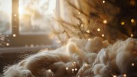 Dreamy winter morning atmosphere with soft fluffy snow crystals and golden bokeh lights creating magical holiday mood, perfect for seasonal greeting cards and festive designs.