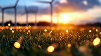 Wind turbines at sunset with golden bokeh lights scattered across green grass field creating magical renewable energy landscape for environmental concepts.