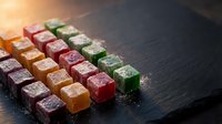 Colorful fruit gummy candies arranged in neat rows on dark slate surface with warm lighting creating appetizing confectionery display for sweet treats.