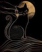 Elegant black cat silhouette with golden line art against dark background, sitting peacefully under full moon with decorative swirling patterns and mystical atmosphere.