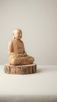 Wooden Buddha statue in meditation pose on tree stump base against neutral background for zen decor and spiritual wellness concepts.