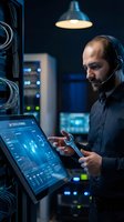 IT technician with headset monitoring server systems on tablet in modern data center with blue lighting and network equipment for technical support operations.