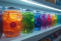 Colorful fruit-infused drinks in glass mason jars arranged in rainbow order on illuminated shelf, perfect for summer refreshment.