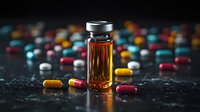 Medical vial with amber liquid surrounded by colorful capsule pills scattered on dark textured surface, dramatic lighting creates pharmaceutical atmosphere.
