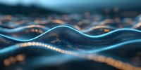 Abstract wavy surface with glowing golden particles flowing through dark blue curves creating dynamic motion and depth effect for technology backgrounds.