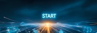 Glowing start text over futuristic digital highway with light trails and technology icons, dramatic perspective view against dark blue background.