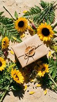 Eco-friendly gift box wrapped in kraft paper with dried orange slice surrounded by fresh sunflowers and fern leaves on sandy textured background.