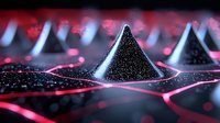 Black glittery pyramid shapes on reflective surface with pink neon lighting and water droplets creating dramatic macro photography composition with bokeh effect.
