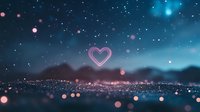Glowing neon heart shape floating over blurred city lights at night with starry sky and bokeh effects creating romantic dreamy atmosphere.