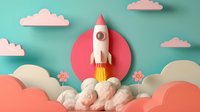 Paper craft rocket ship launching through fluffy clouds against turquoise sky with pink sun circle and flowers, creative minimal design in pastel colors.