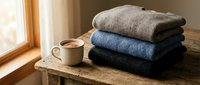 Stacked knit sweaters in neutral and blue tones beside steaming mug on wooden table by window, cozy home interior styling.