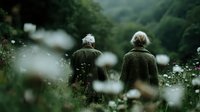 Elderly couple walking together through lush green countryside meadow with white wildflowers, romantic outdoor adventure and active aging lifestyle.