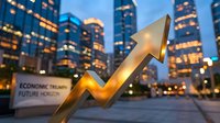 Golden upward arrow symbolizing economic growth and financial success against illuminated city skyline at dusk, representing market gains and business expansion.