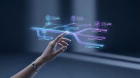 Hand reaching toward futuristic holographic interface with glowing purple and blue digital elements displaying data analytics and technology concepts.