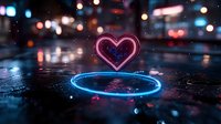 Glowing neon heart floats above luminous blue circle on wet reflective surface against blurred city lights background, creating romantic urban nighttime atmosphere.