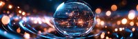 Crystal ball with city lights reflection on dark background with bokeh effects and glowing orange illumination creates magical atmosphere.