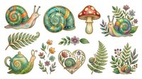 Vintage botanical snail, mushroom, teapot, and fern illustrations with ornate spiral shells and wildflowers. Isolated clipart for design projects.