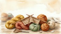 Assorted yarn balls and knitting needles arranged on wooden surface with vintage aesthetic, suitable for crafting, hobby, and textile design projects.