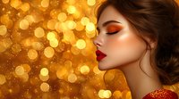 Young woman with glamorous makeup, red lips and dramatic eye shadow in profile against golden bokeh background, wearing red dress. Luxury beauty concept.