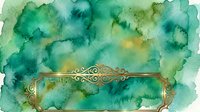 Watercolor wash in shades of green and gold with ornate decorative frame border, isolated on white background for design projects.