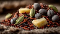 Aromatic spice blend with cardamom pods, allspice berries, and cinnamon bark pieces arranged on rustic burlap surface for culinary and cooking applications.