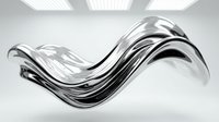 Flowing chrome wave sculpture with reflective metallic surface in modern minimalist interior space for contemporary design projects.