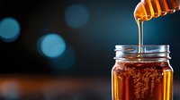 Golden honey dripping from wooden dipper into glass jar with honeycomb pieces against dark blue bokeh background for natural sweetness and organic food concepts.