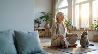 Serene senior Caucasian woman meditating in lotus pose on yoga mat at home with a cat beside her in a sunlit living room.