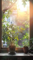 Houseplants on windowsill backlit by warm sunlight creating atmospheric morning mood with bokeh effect and green foliage visible through window glass.