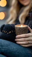 Cozy winter evening with knitted black socks and warm candlelight, female hands holding decorated candle, soft bokeh lights in background, creating hygge atmosphere.