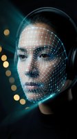 Young woman with facial recognition technology grid overlay showing biometric identification system for security and authentication applications.