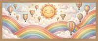 Whimsical sky scene with smiling sun, colorful rainbows, fluffy clouds and hot air balloons floating in dreamy pastel atmosphere for nursery decor.