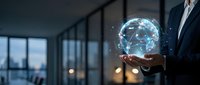 Businessman holding glowing digital brain with network connections in modern office, representing artificial intelligence and neural technology innovation.