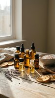 Amber glass bottles with essential oils, lavender sprigs and dried citrus slices on rustic wooden table in natural sunlight for aromatherapy and wellness.