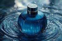 Elegant blue perfume bottle with crystal cap splashing in water with droplets creating dynamic ripple effect. Luxury fragrance photography for cosmetic advertising.