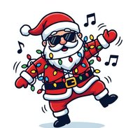 Cool Santa Claus with sunglasses dancing to music surrounded by colorful Christmas lights on white background for holiday greeting cards and festive designs.
