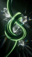 Abstract green flowing ribbons intertwined with floating crystal gems creating dynamic motion against dark background with prismatic light effects.