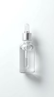 Clear glass dropper bottle with silver metallic cap and pipette filled with transparent liquid, isolated on white background. Suitable for cosmetics, serums, essential oils, and skincare product packaging design.