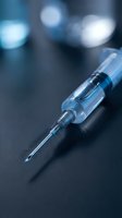 Medical syringe with needle on dark surface with blurred lights background for healthcare and vaccination concepts.