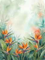 Watercolor tropical background with bird of paradise flowers, lush green leaves, and soft pastel tones, with copy space for text or design.