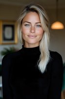 Young blonde woman with bright blue eyes wearing black turtleneck sweater smiling warmly at camera. Natural makeup and casual hairstyle create professional yet approachable portrait.