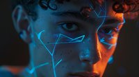 Young man's face illuminated by contrasting blue and orange light with glowing geometric lines overlaid, creating futuristic biometric scanning effect.