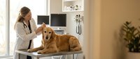Female veterinarian examining golden retriever dog during medical checkup in modern clinic with professional equipment and natural lighting.