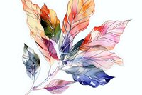 Delicate watercolor leaves in pink, blue and orange tones with translucent overlapping effects create an ethereal botanical composition on white background.