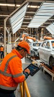 Industrial worker in orange safety vest using tablet computer in modern automotive manufacturing plant with robotic assembly line and car production.